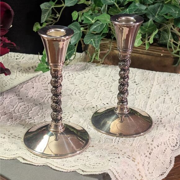 Ornate Vintage Silver Plate Candlestick Pair w/ Removable Drip Tray Valero Spain - Picture 1 of 7